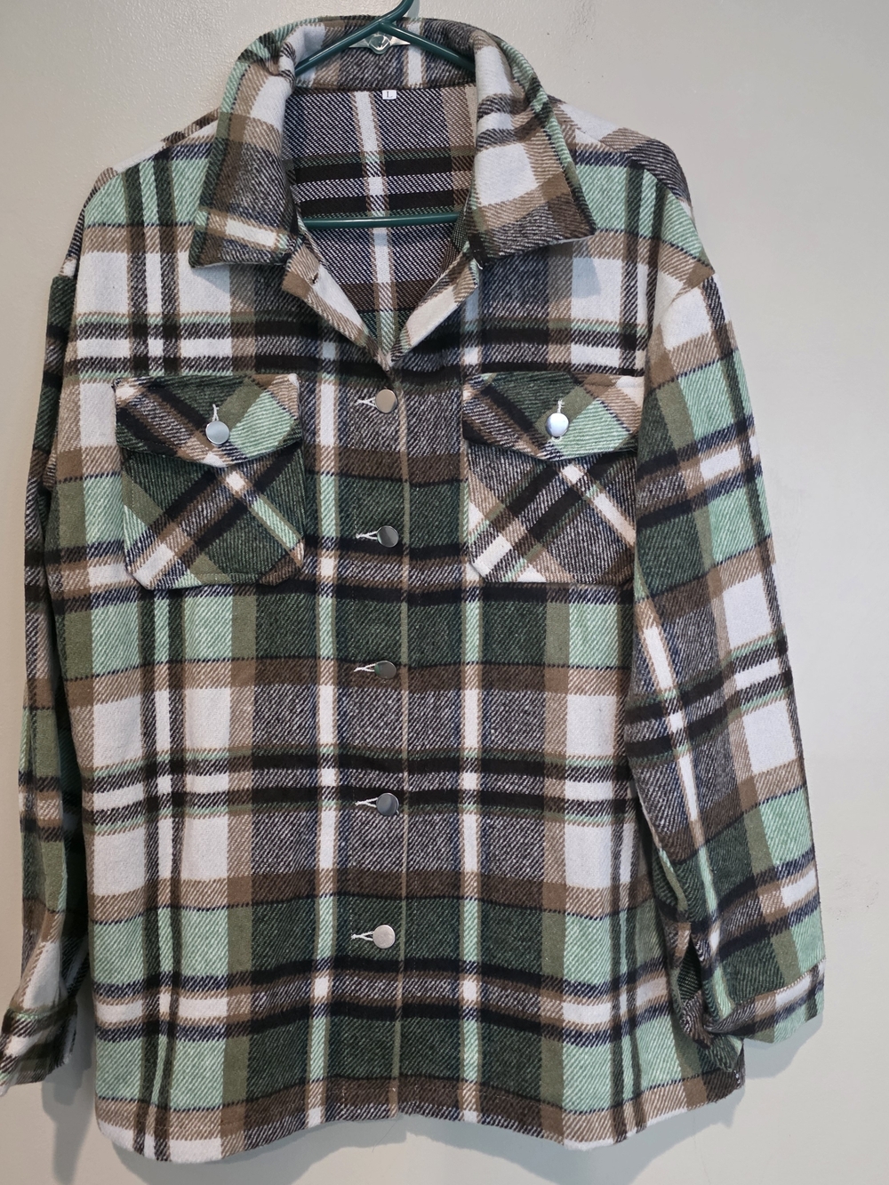 Womens Plaid Button-Front Jacket in Green and Brown Shacket Cozy FALL Fun Layer